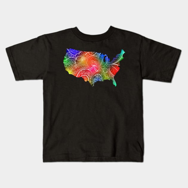 Colorful mandala art map of the United States of America Kids T-Shirt by Happy Citizen